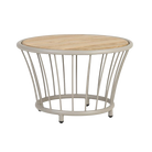 Round side table with wooden top and metal frame on a white background