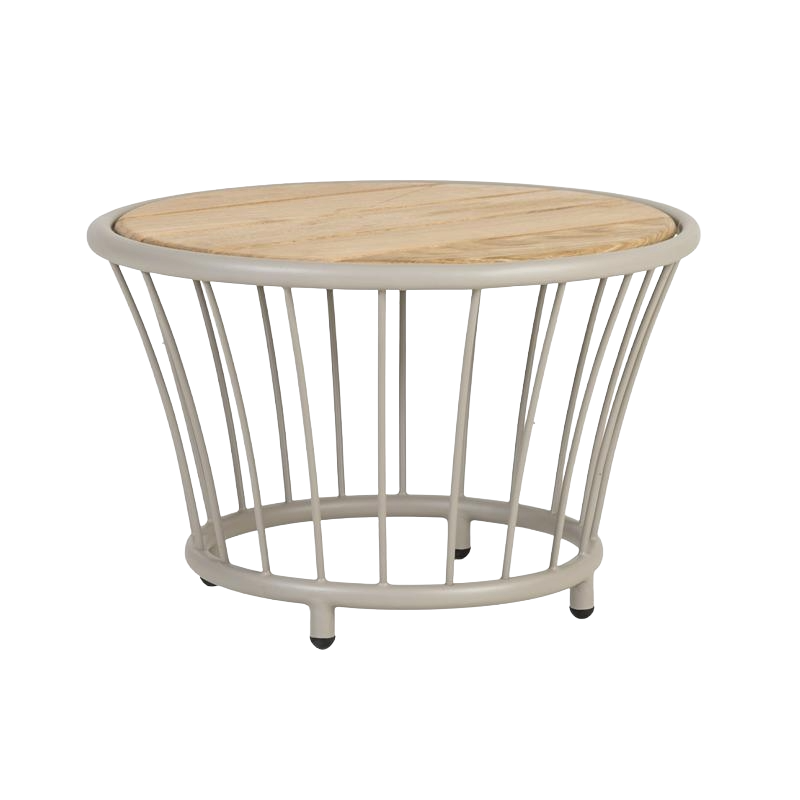 Round side table with wooden top and metal frame on a white background