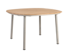 Round wooden table with white legs on a white background