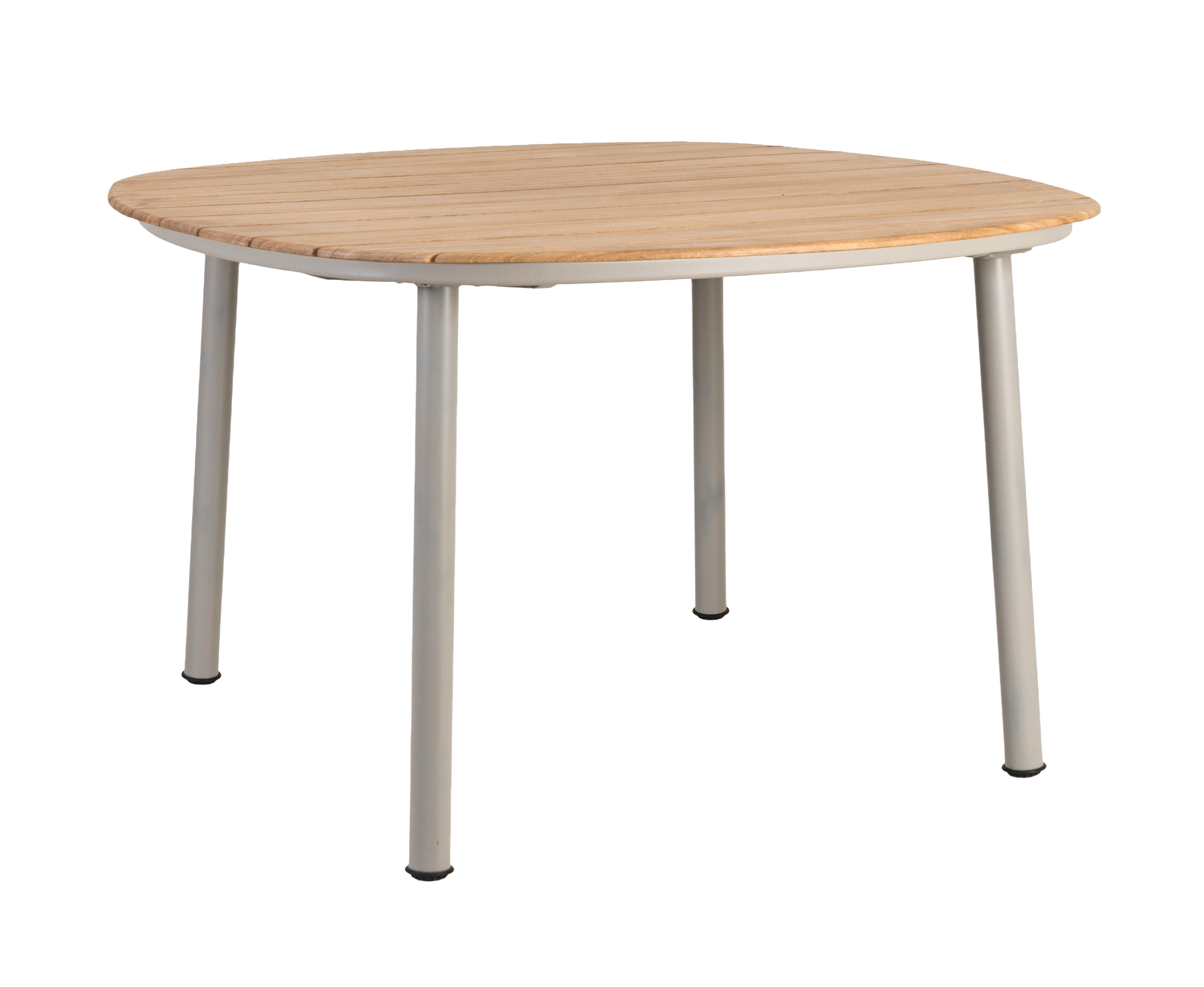 Round wooden table with white legs on a white background
