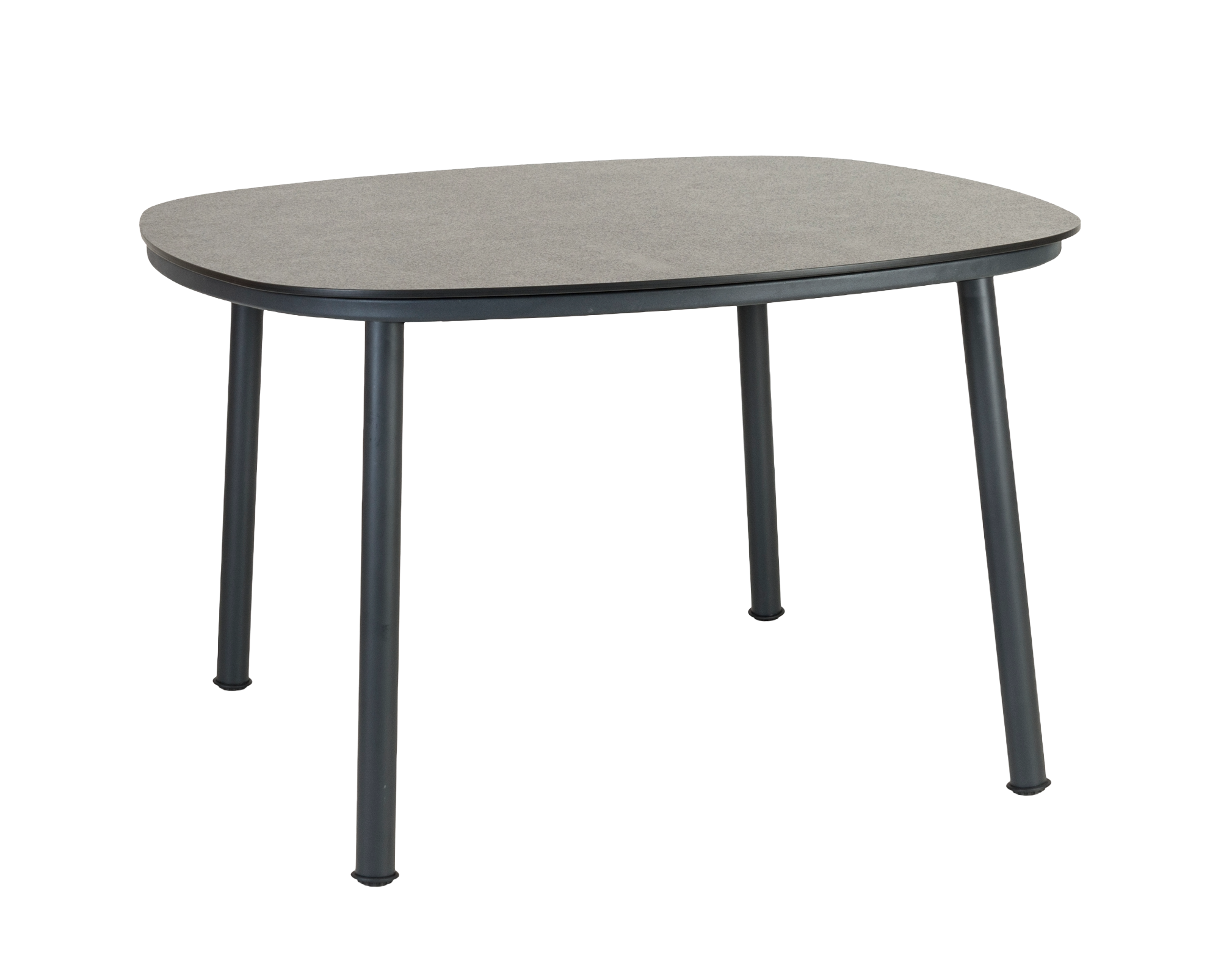Oval-shaped table with a gray top and black legs on a white background