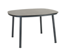 Oval-shaped table with a gray top and black legs on a white background