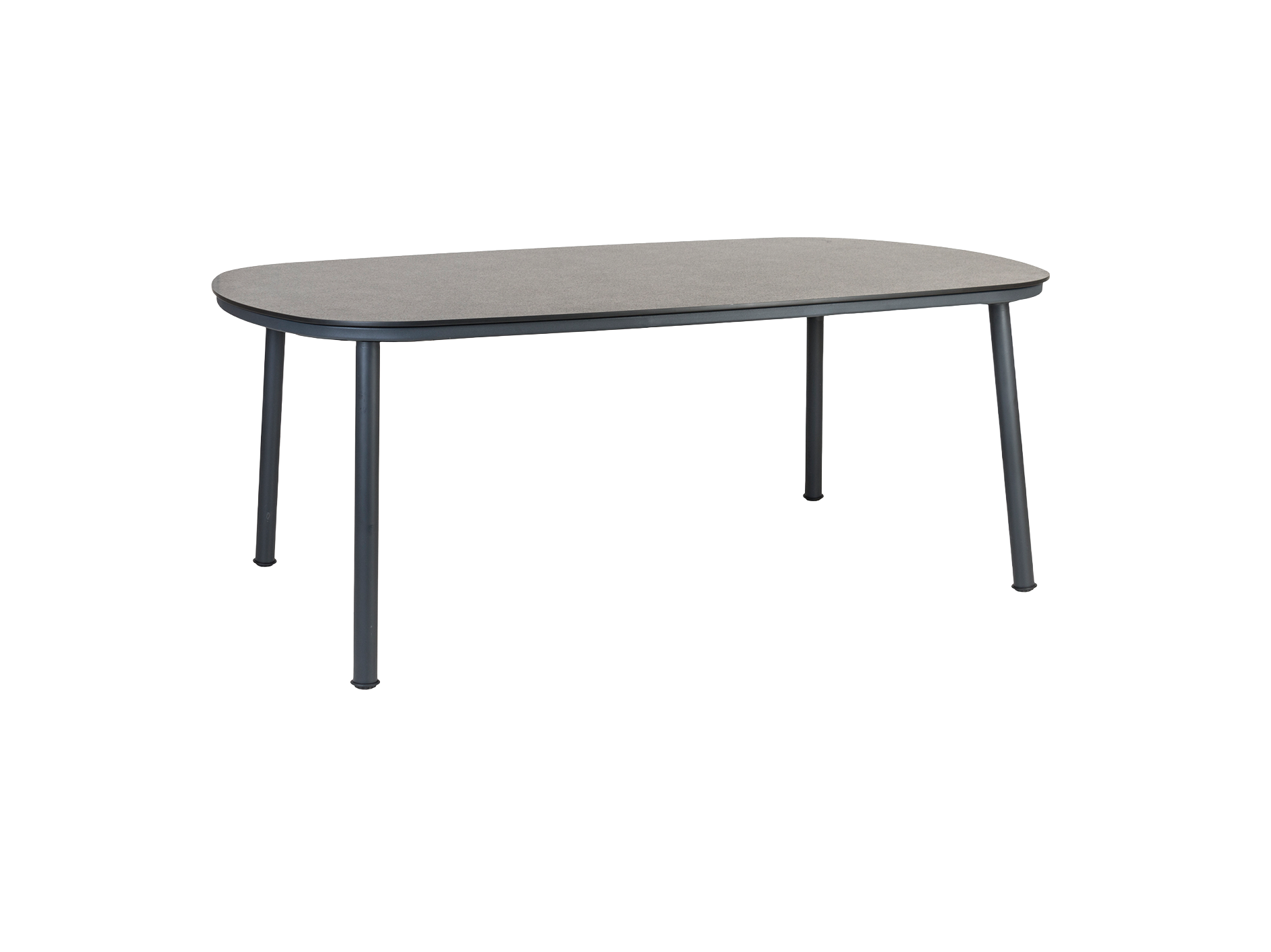 Oval-shaped table with a gray surface and black legs on a white background