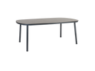 Oval-shaped table with a gray surface and black legs on a white background