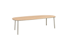 Long wooden table with metal legs on a white background