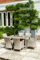 Outdoor dining area with 6 rattan armchairs and a table in front of a white house with climbing plants