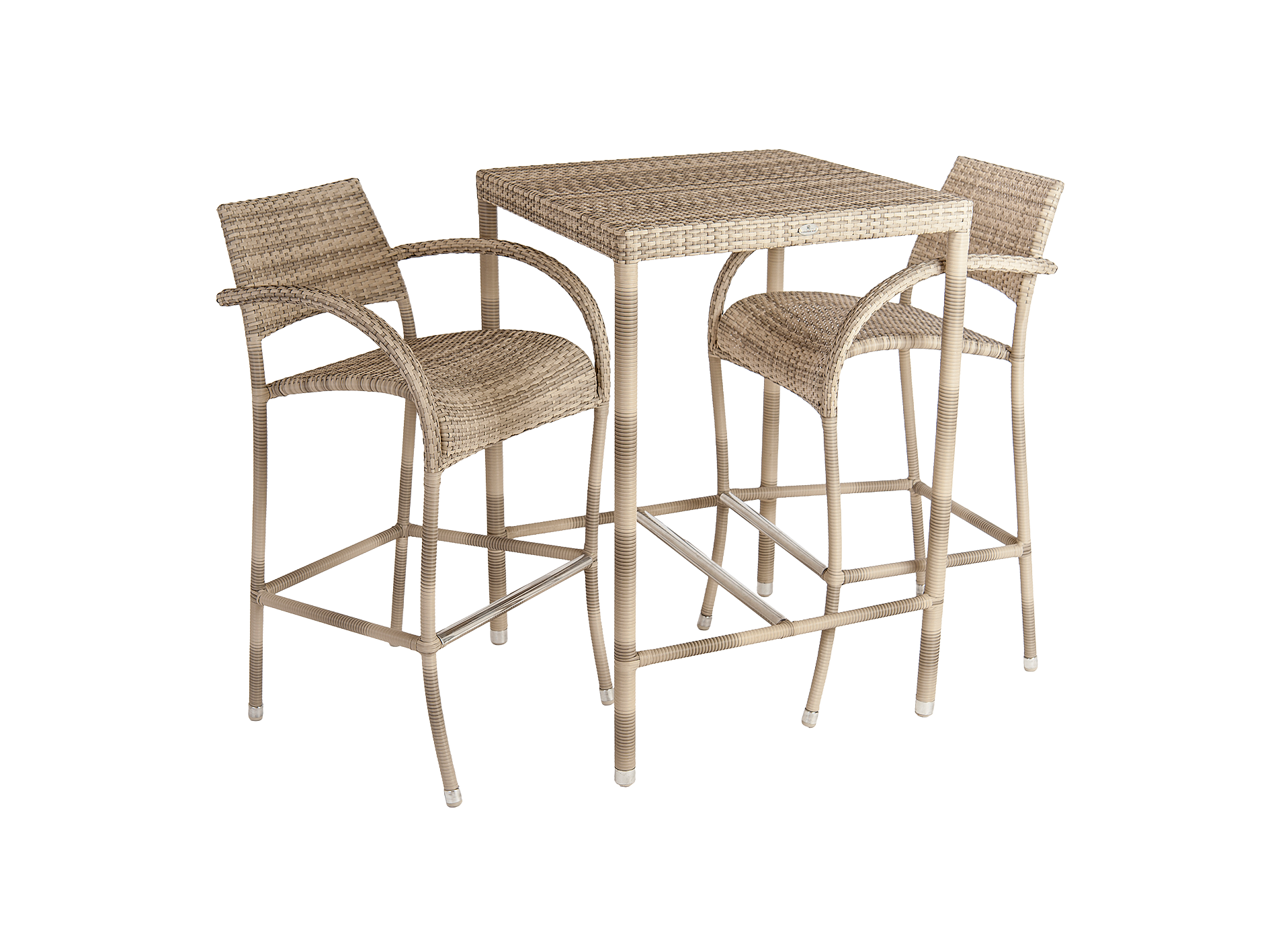 Wicker bar table with two matching stools on a white background