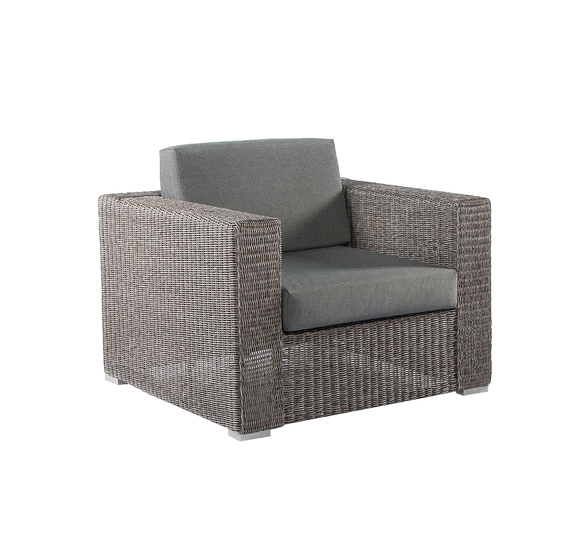Grey wicker armchair with cushions on a white background