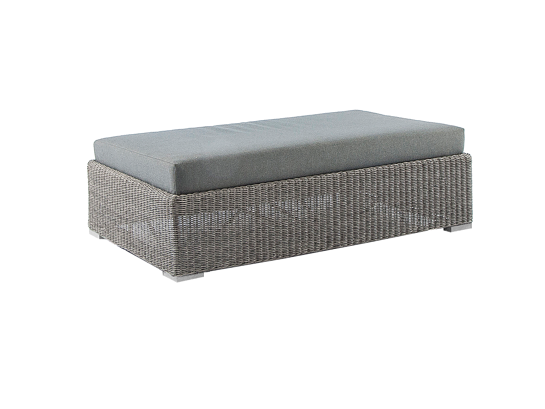 Wicker ottoman with a gray cushion on a white background