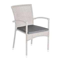 Grey wicker chair with a dark grey cushion 