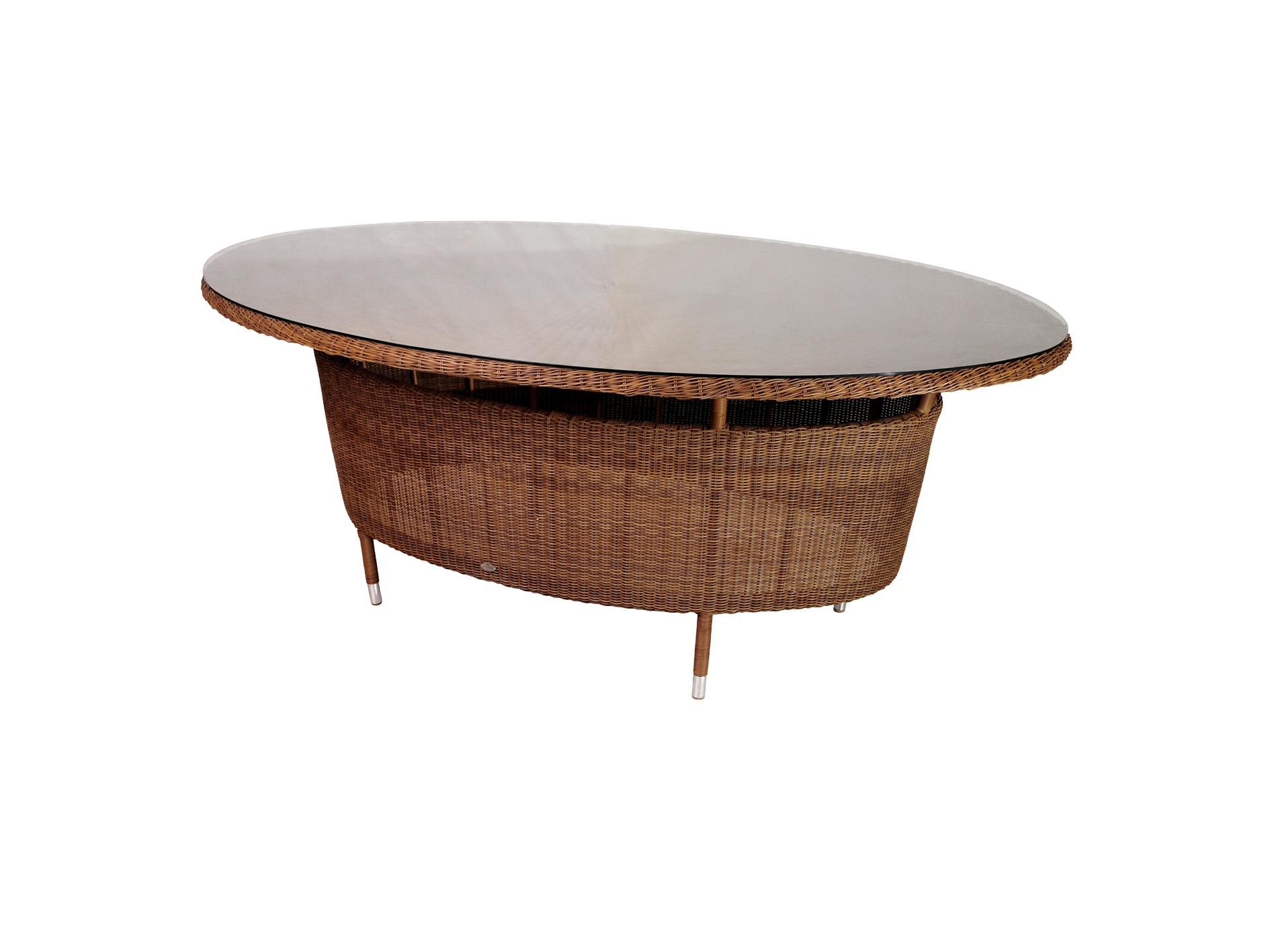 Round wicker table with a glass top on a white background