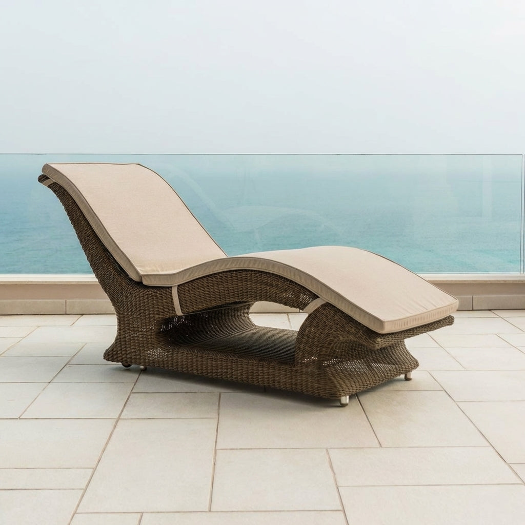 Luxury rattan lounge chair with beige cushion on a tiled floor by a glass wall with a view of water.