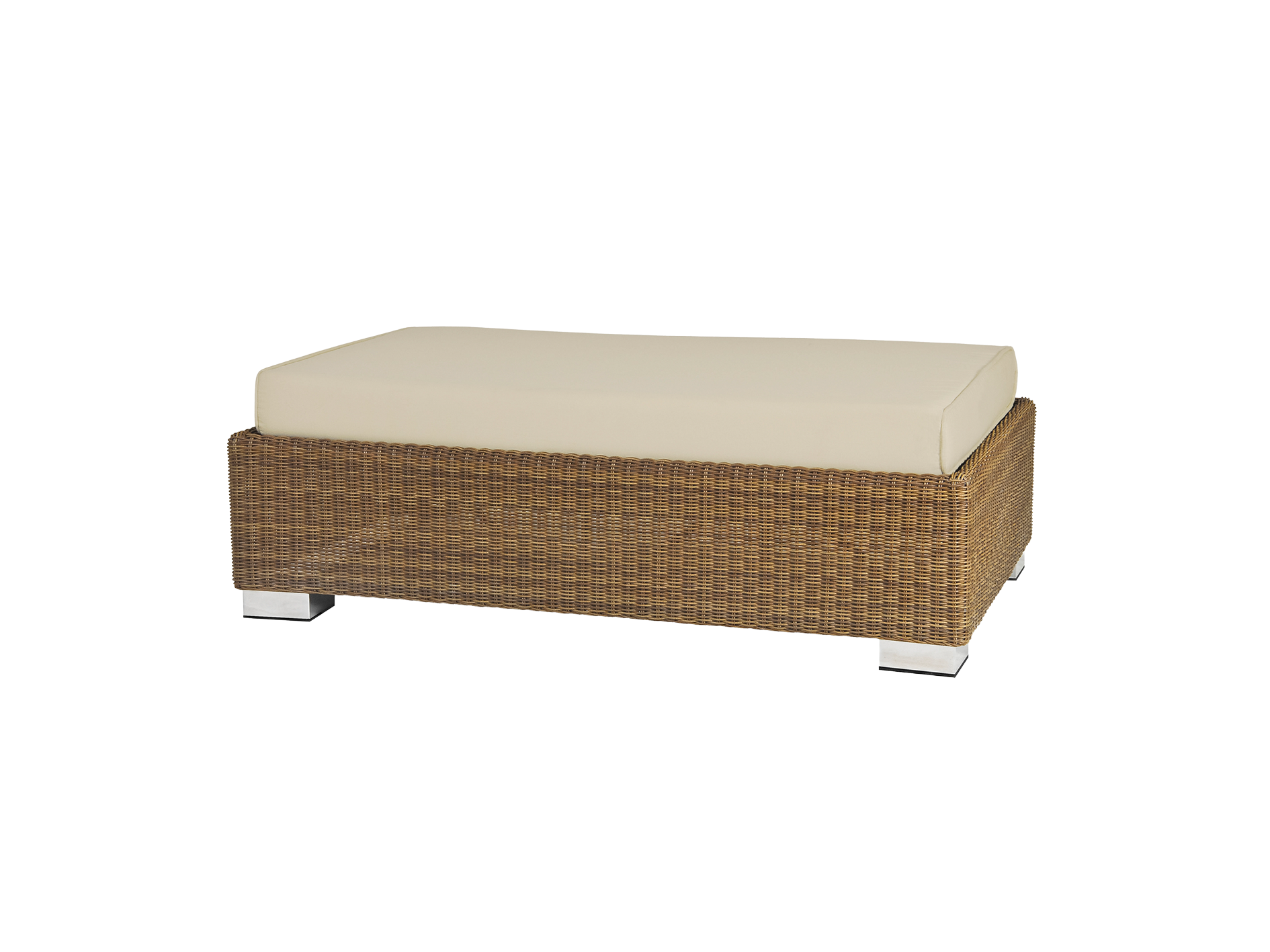 Wicker ottoman with a beige cushion on a white background
