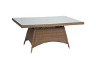 Rectangular outdoor table with wicker frame and glass top on a white background