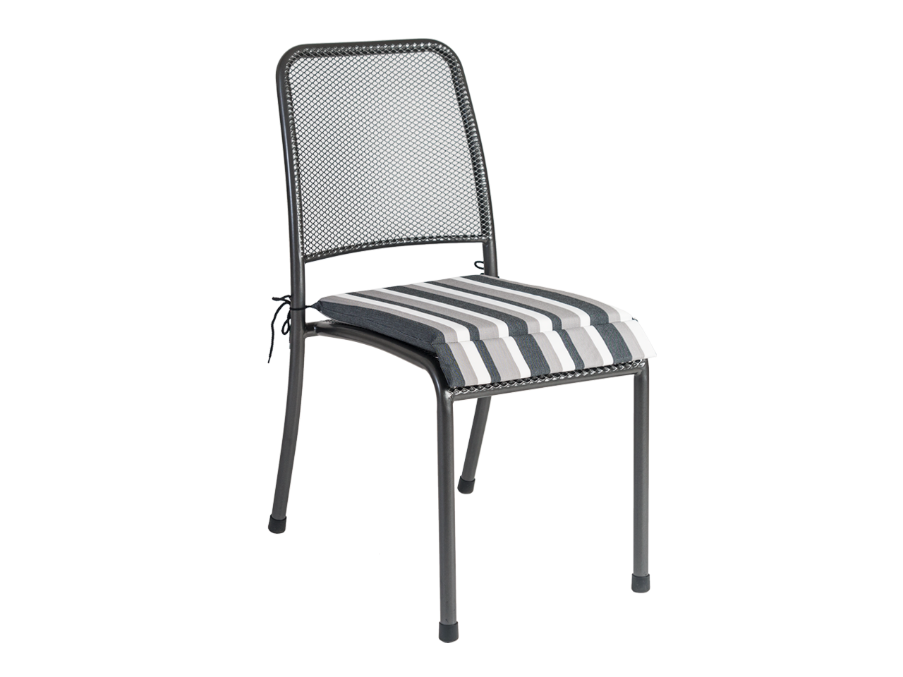 dark grey metal outdoor dining chair with a striped cushion