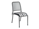 dark grey metal outdoor dining chair with a striped cushion