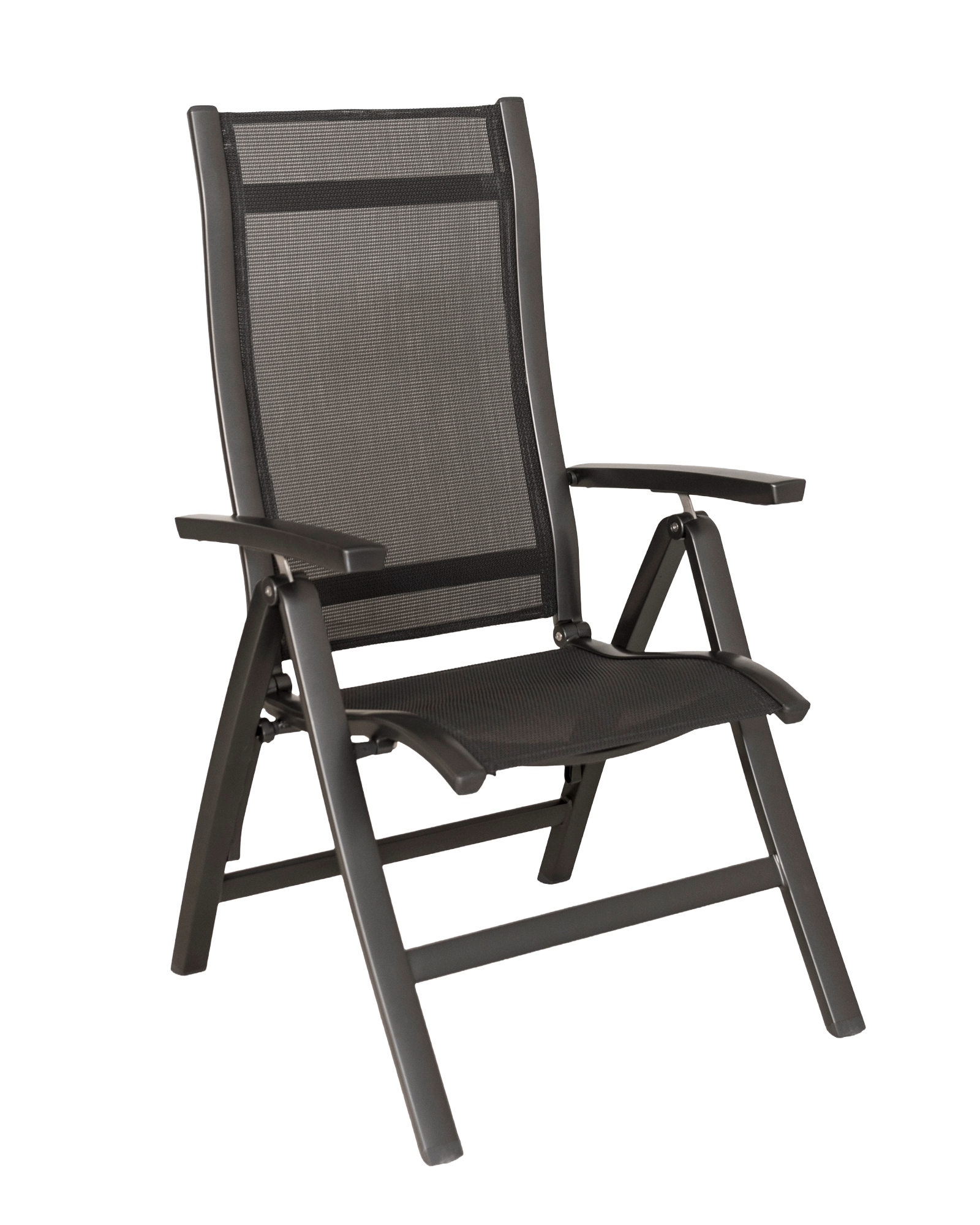 Black reclining chair with mesh back on a white background