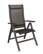 Black reclining chair with mesh back on a white background
