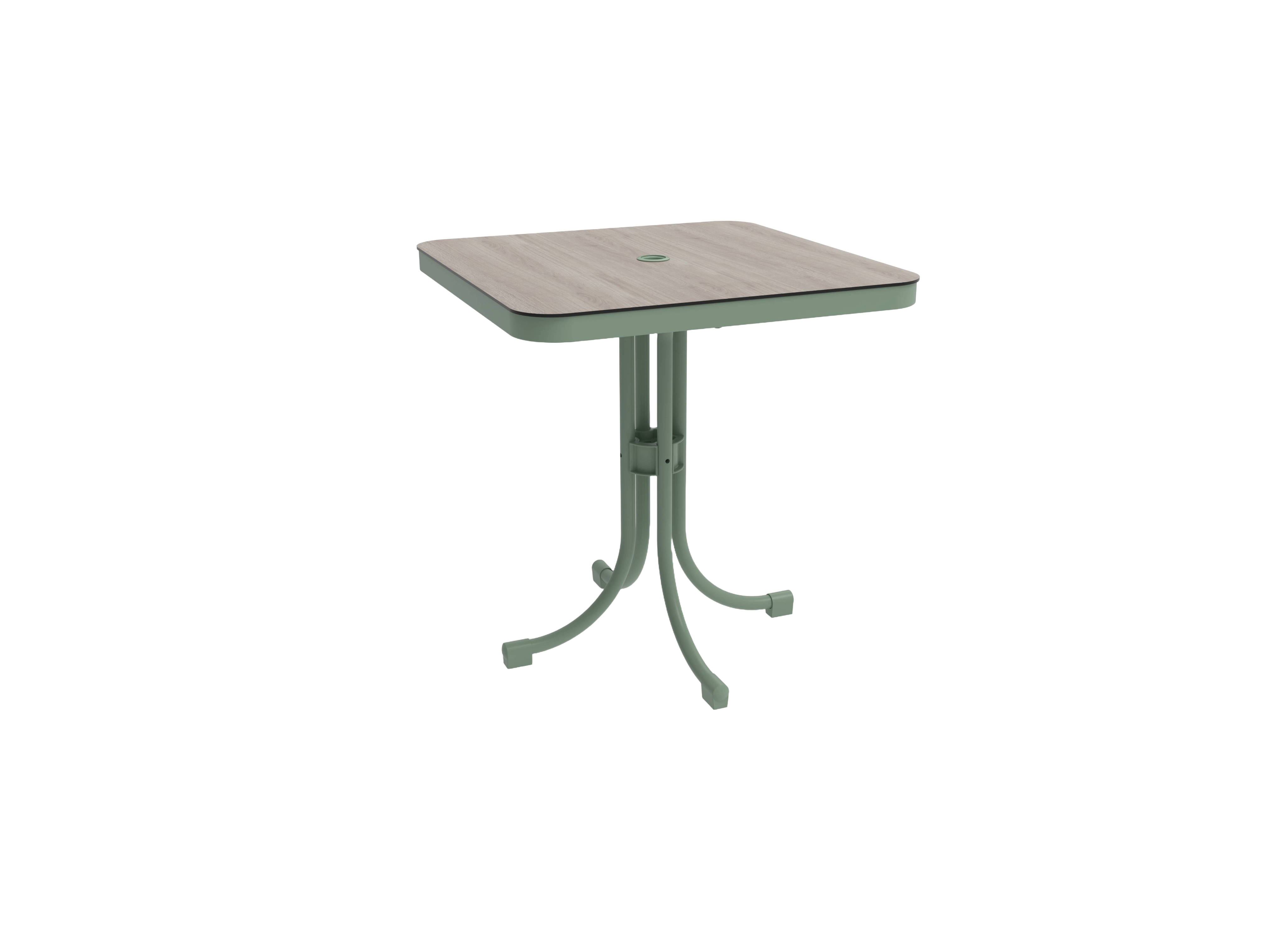 Bergen square bistro table with a light wood top and green metal legs 