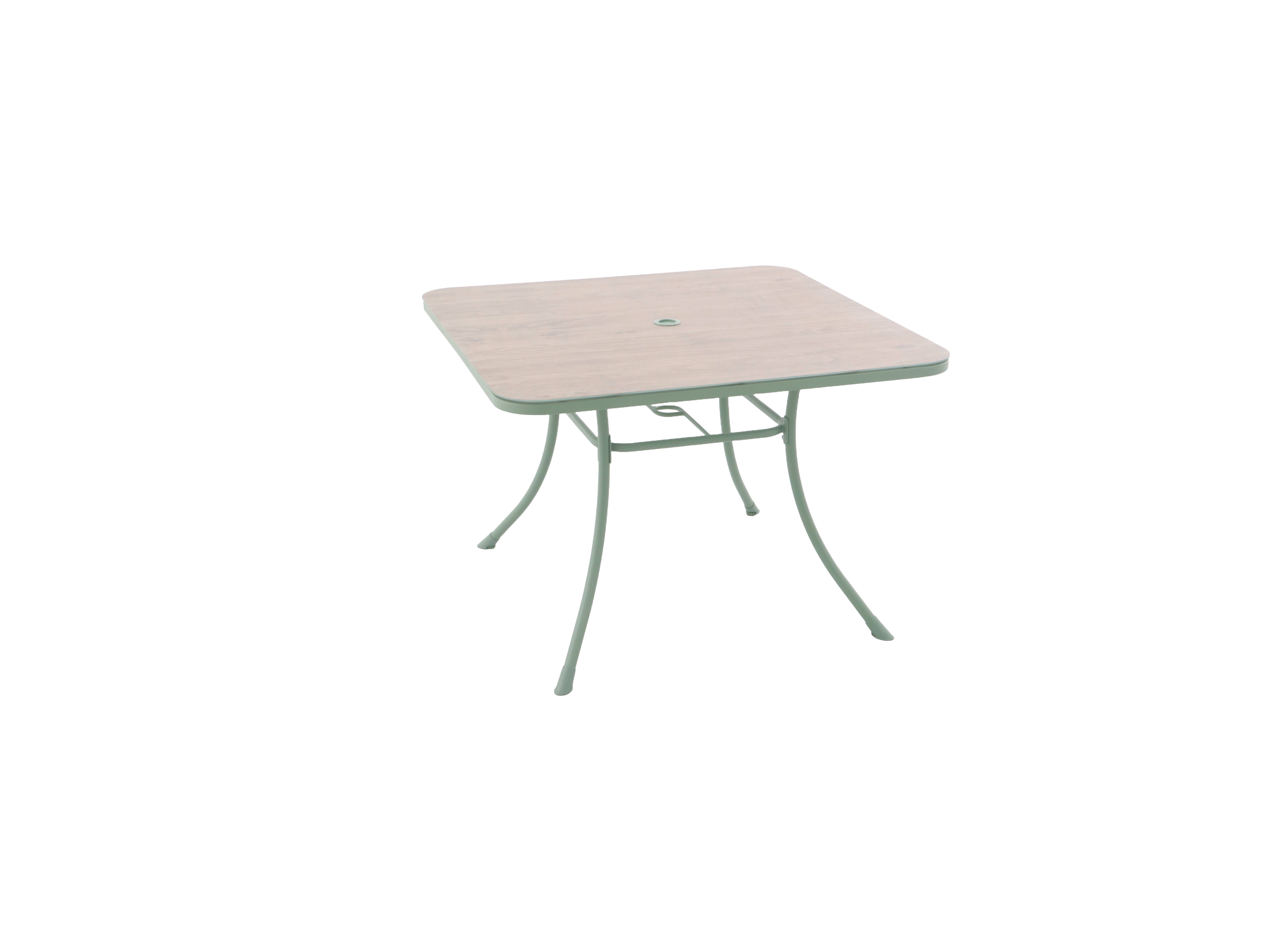 Square table with a light-colored top and green metal legs on a white background