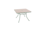 Square table with a light-colored top and green metal legs on a white background