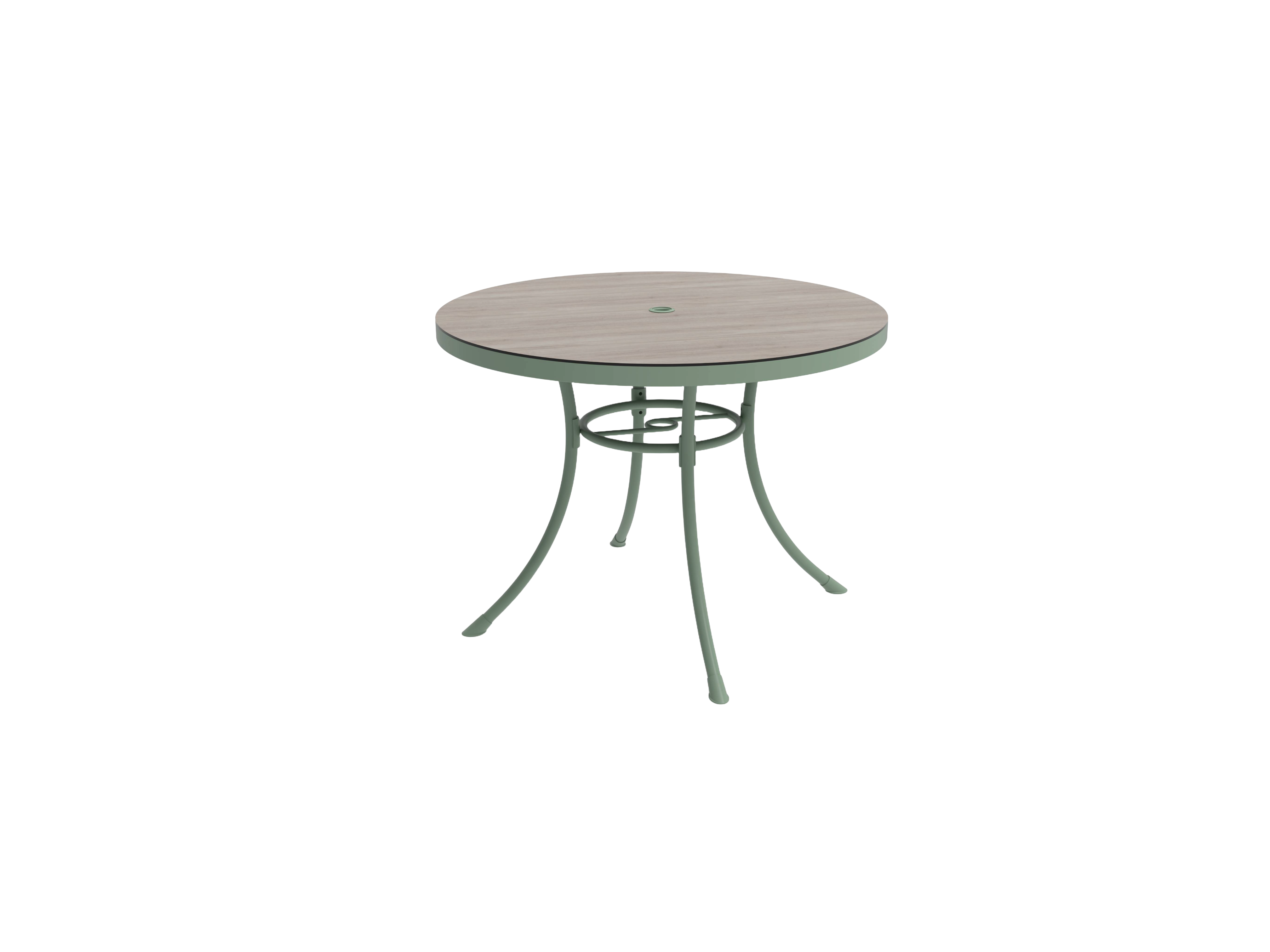 Round wooden table with metal legs on a white background