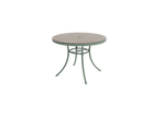 Round wooden table with metal legs on a white background