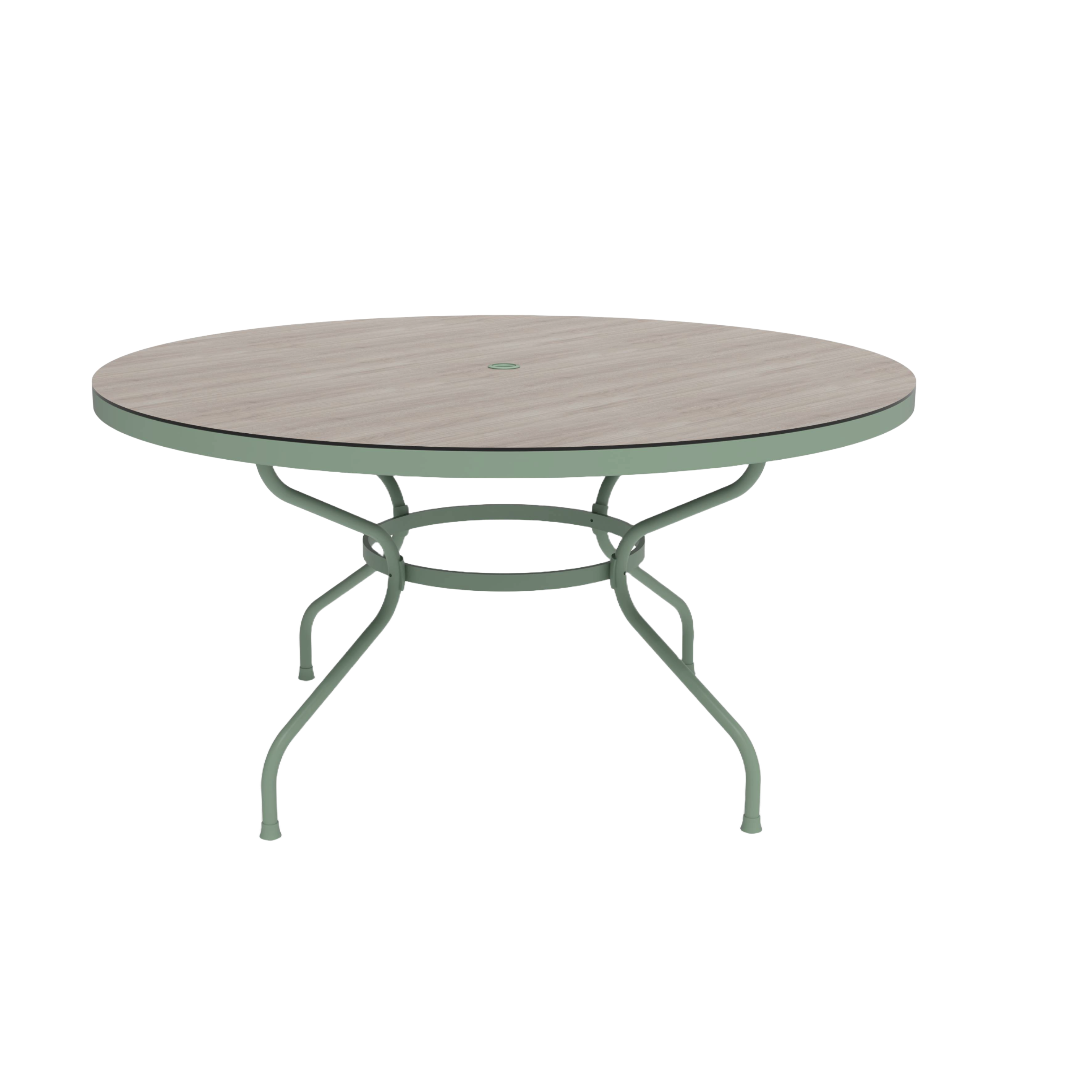 Round table with a light green top and metal legs on a white background