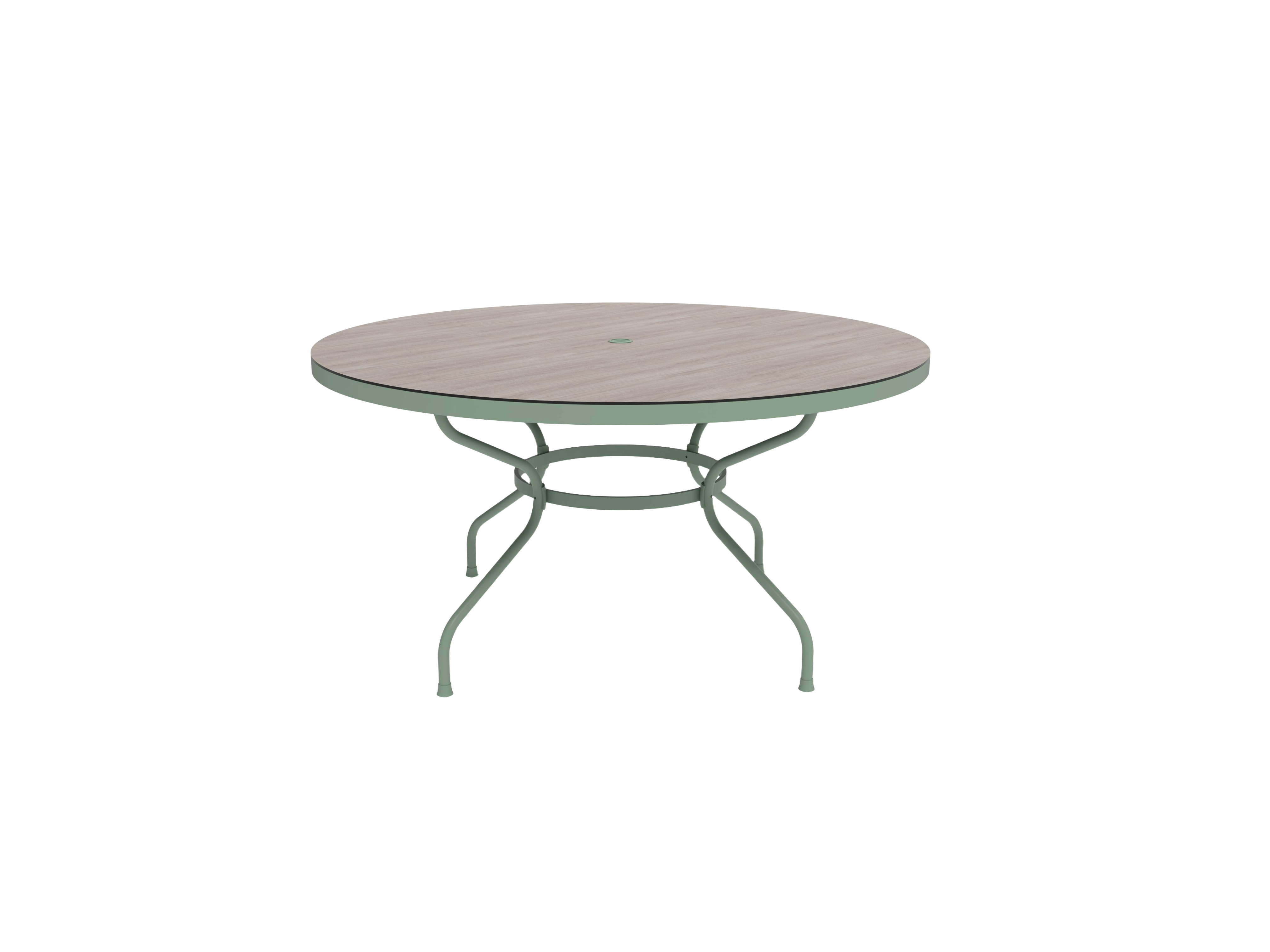 Round table with a light green top and metal legs on a white background