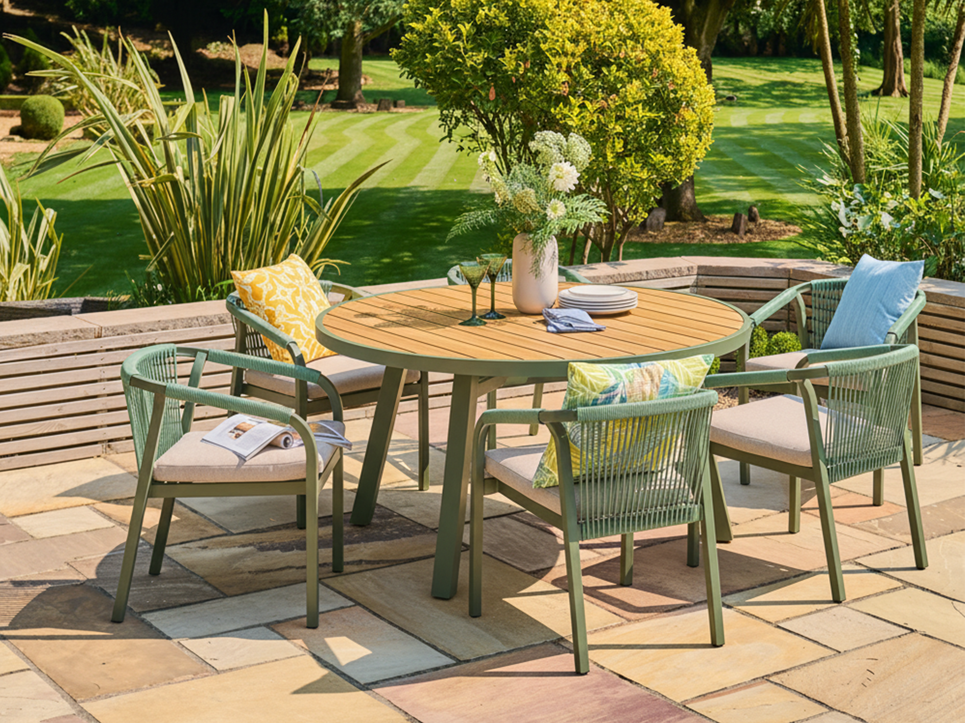 Outdoor patio set with wooden effect table and chairs on a stone patio