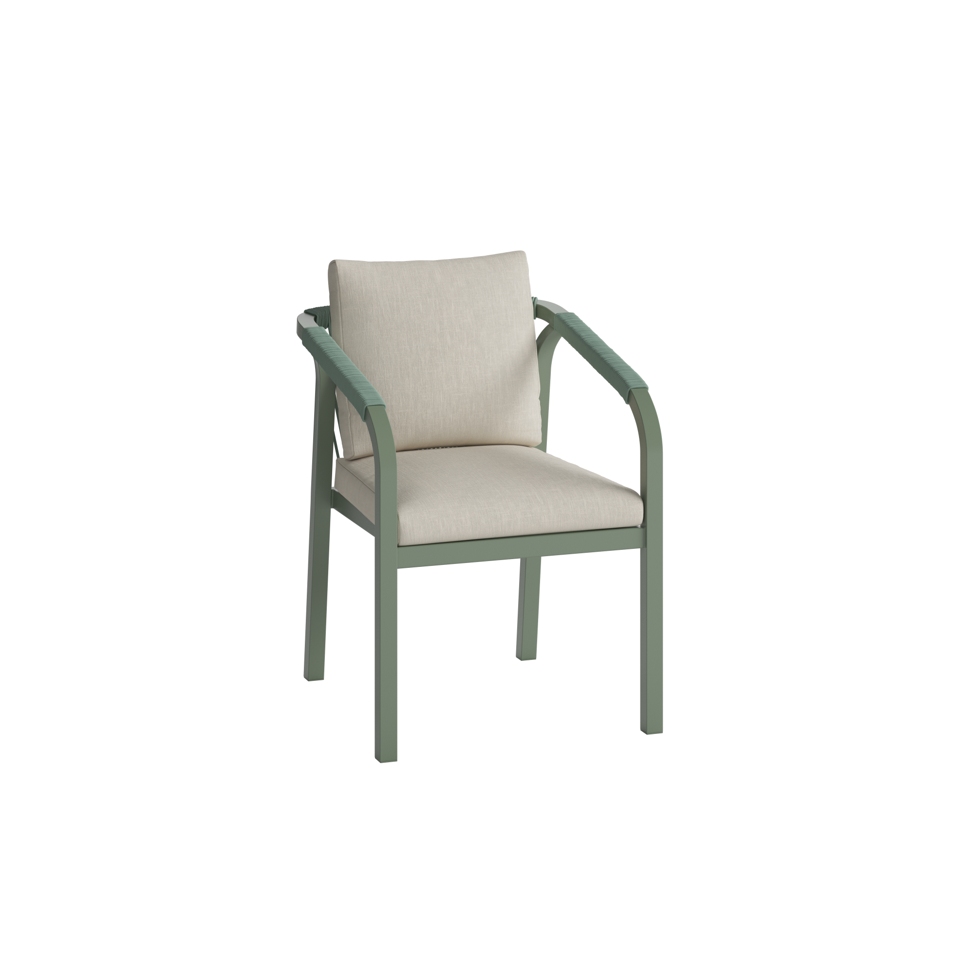 Green chair with beige cushion and olive green aluminium frame