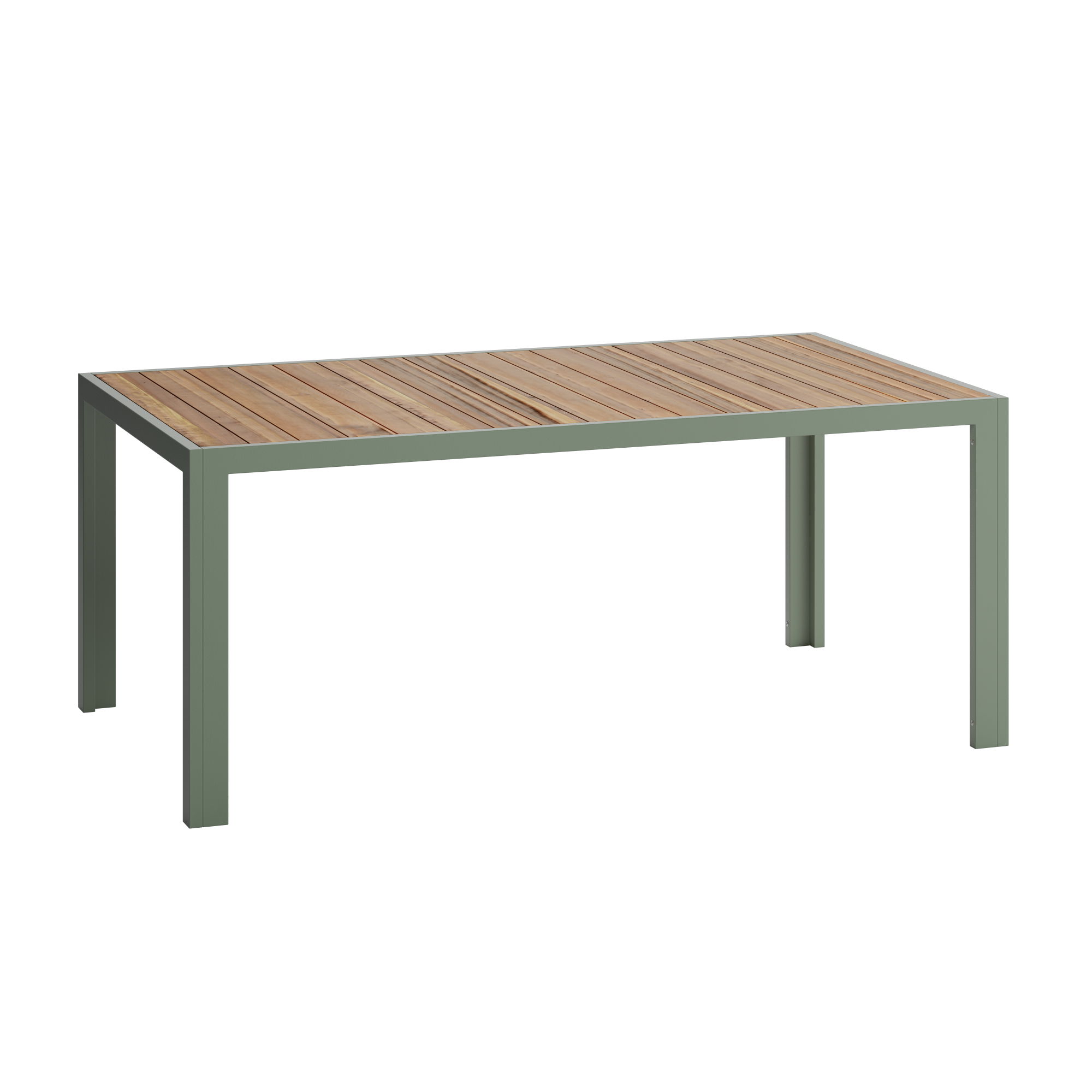 Rectangular table with timber top and green metal frame