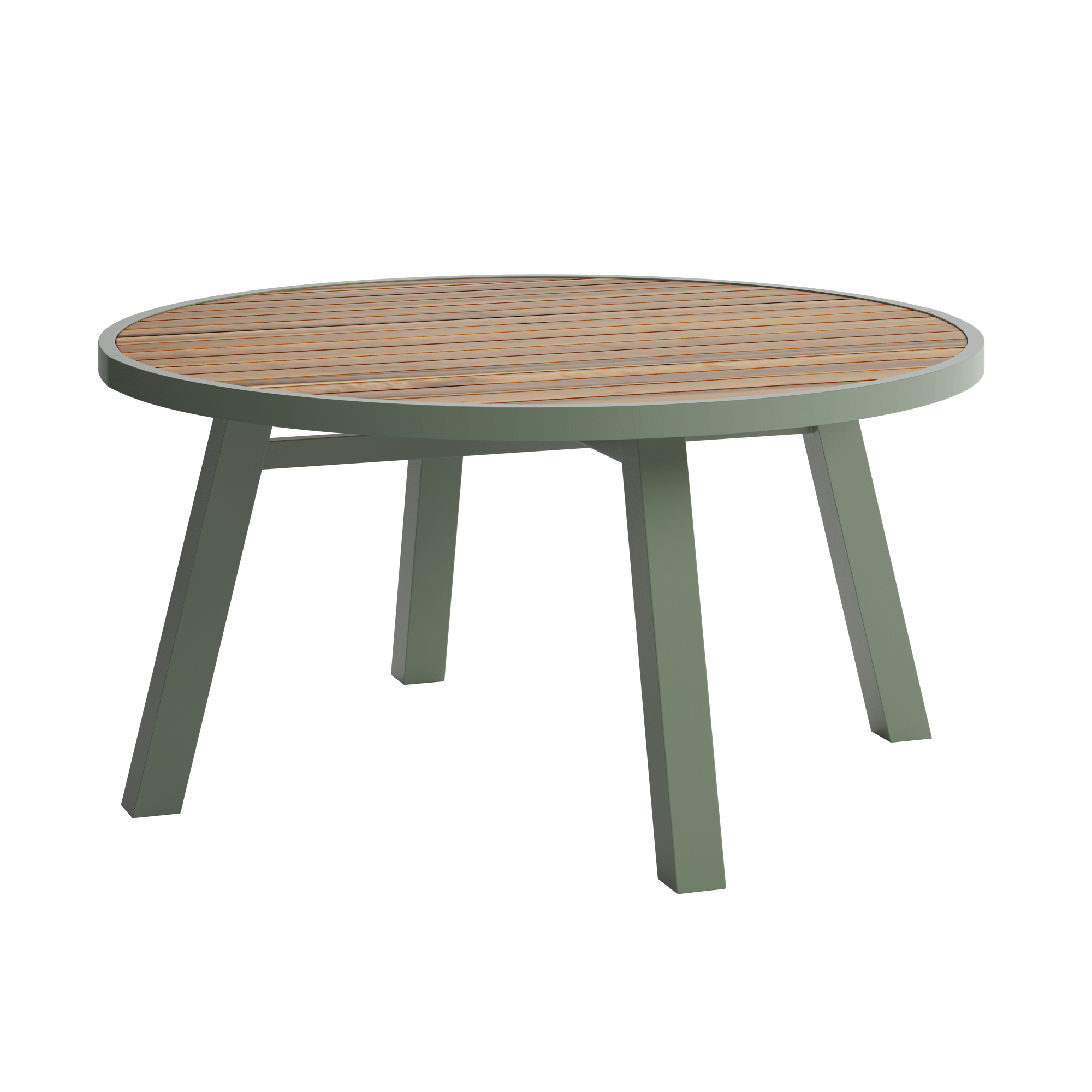 Round table with timber top and green base on a white background
