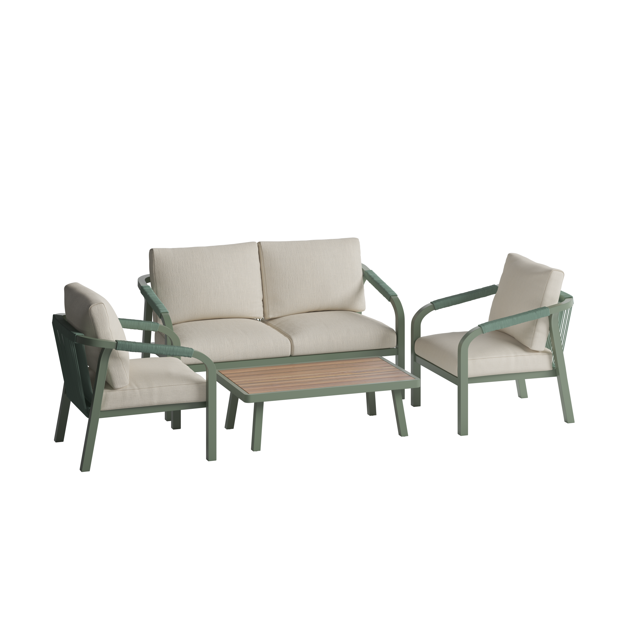Outdoor furniture set with green frames and beige cushions on a white background