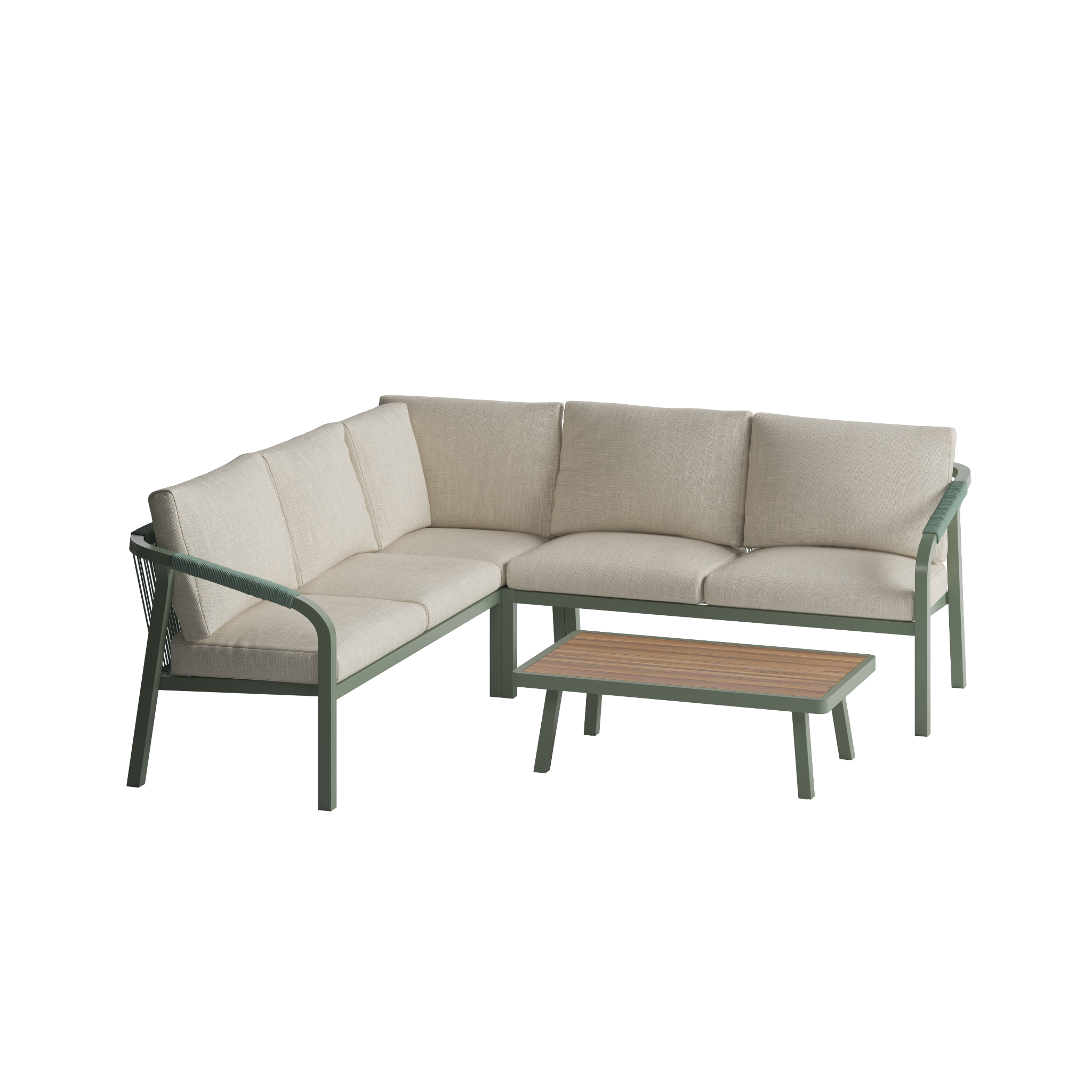 Outdoor sofa set with beige cushions and a small coffee table