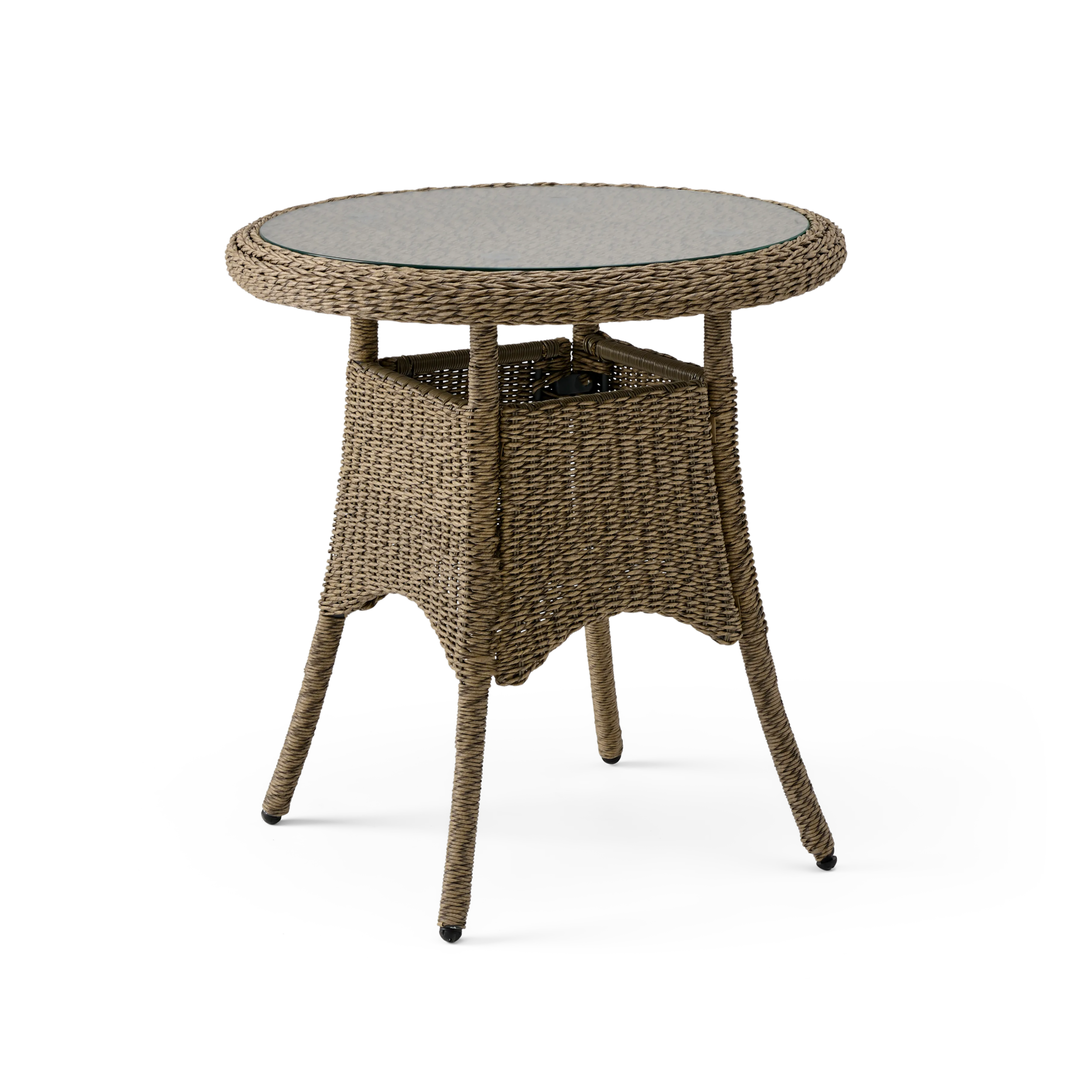 Round wicker table with a glass top on a white background