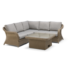 Wicker sectional sofa with gray cushions and a matching coffee table on a white background