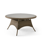 Round wicker table with a light gray top on a white background