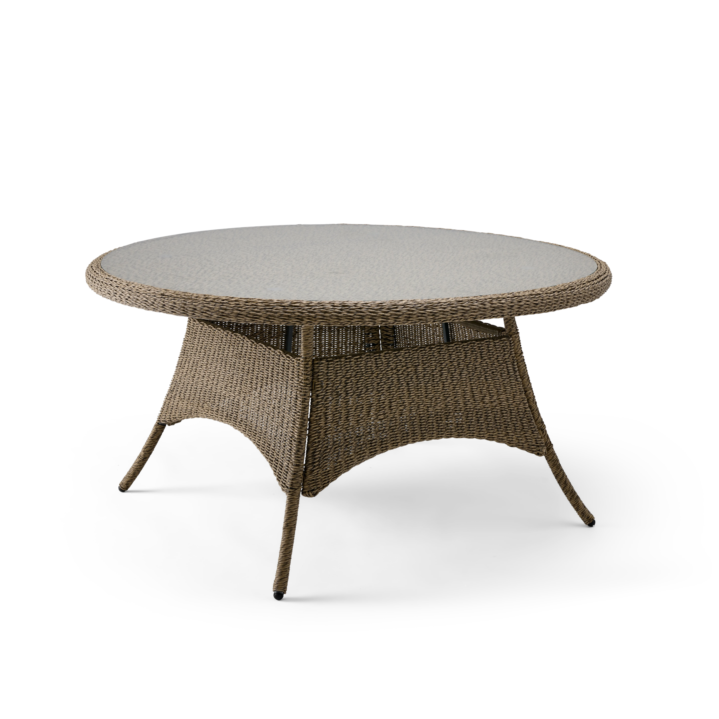 Round wicker table with a light gray top on a white background