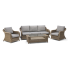 Outdoor furniture set with wicker chairs and sofa on a white background