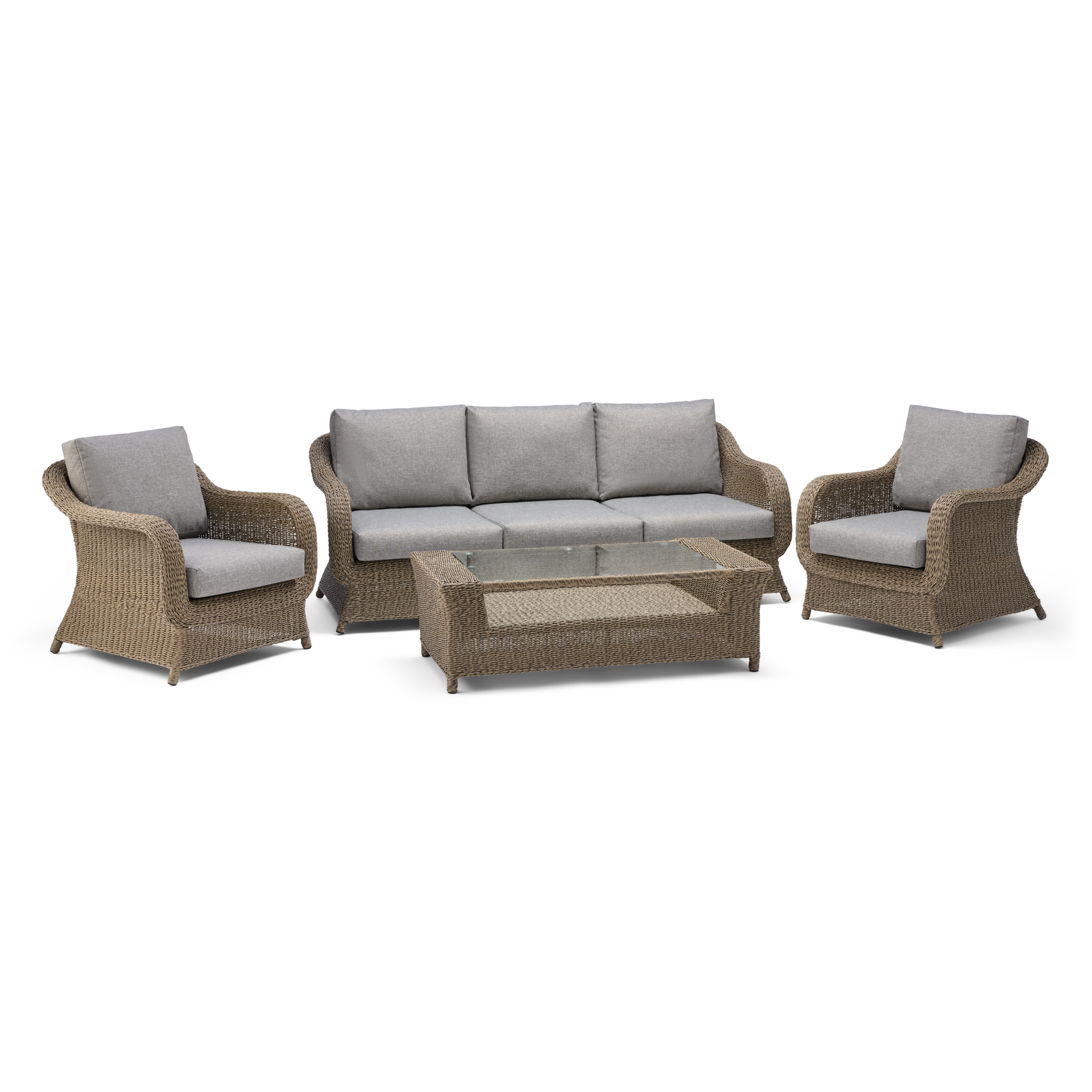 Outdoor furniture set with wicker chairs and sofa on a white background