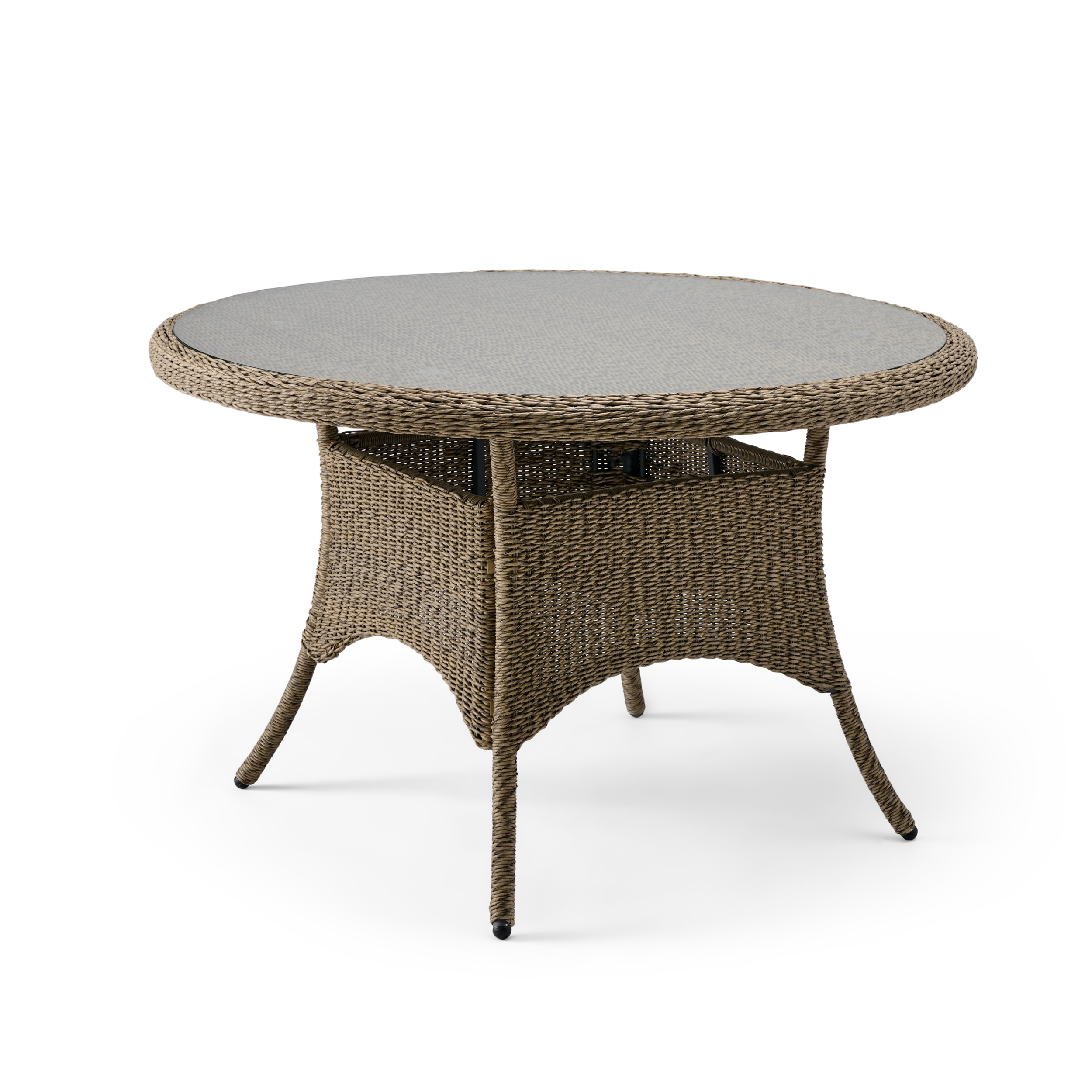 Round wicker table with a gray top on a white background