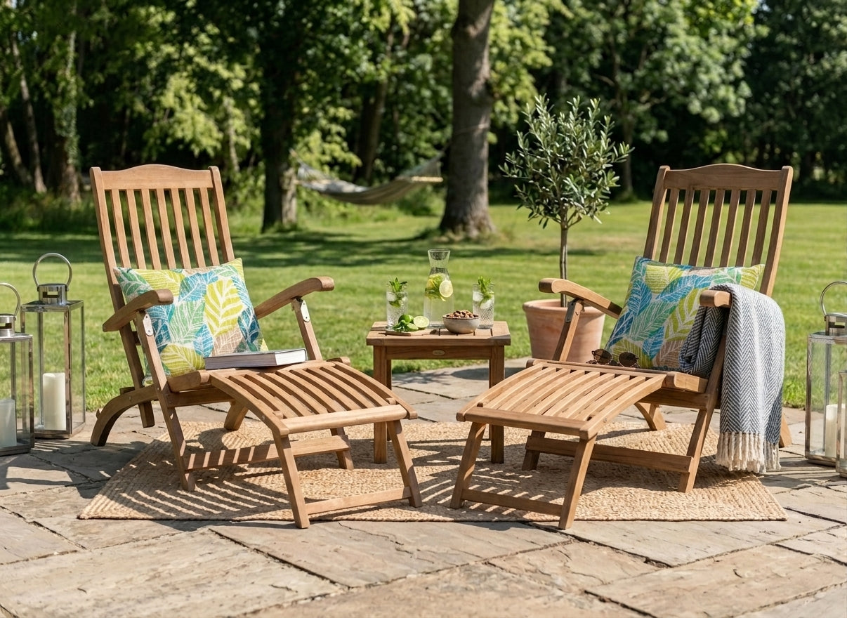 Two wooden lounge chairs with cushions on a patio area with a small table and plants.