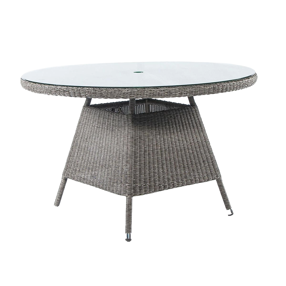Round outdoor dining table with wicker frame and glass top on a white background