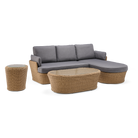 Wicker outdoor furniture set with gray cushions on a white background