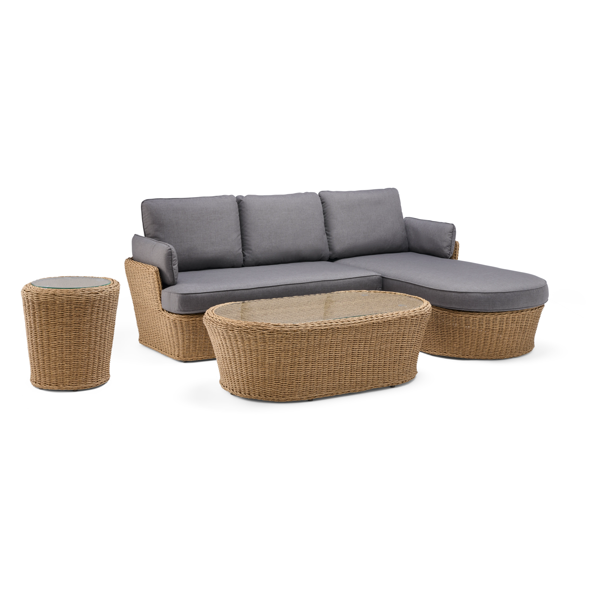 Wicker outdoor furniture set with gray cushions on a white background