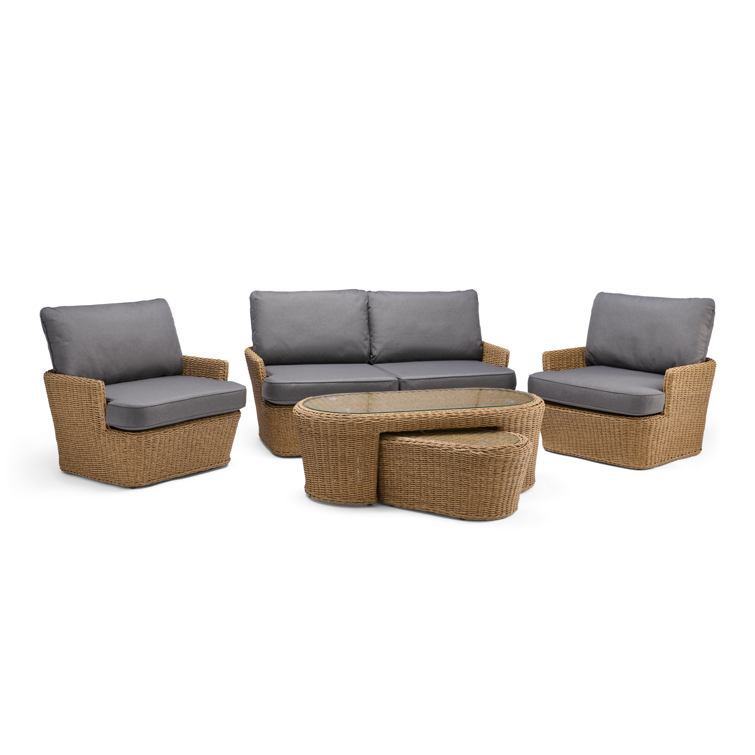 Outdoor furniture set with wicker chairs and sofa on a white background