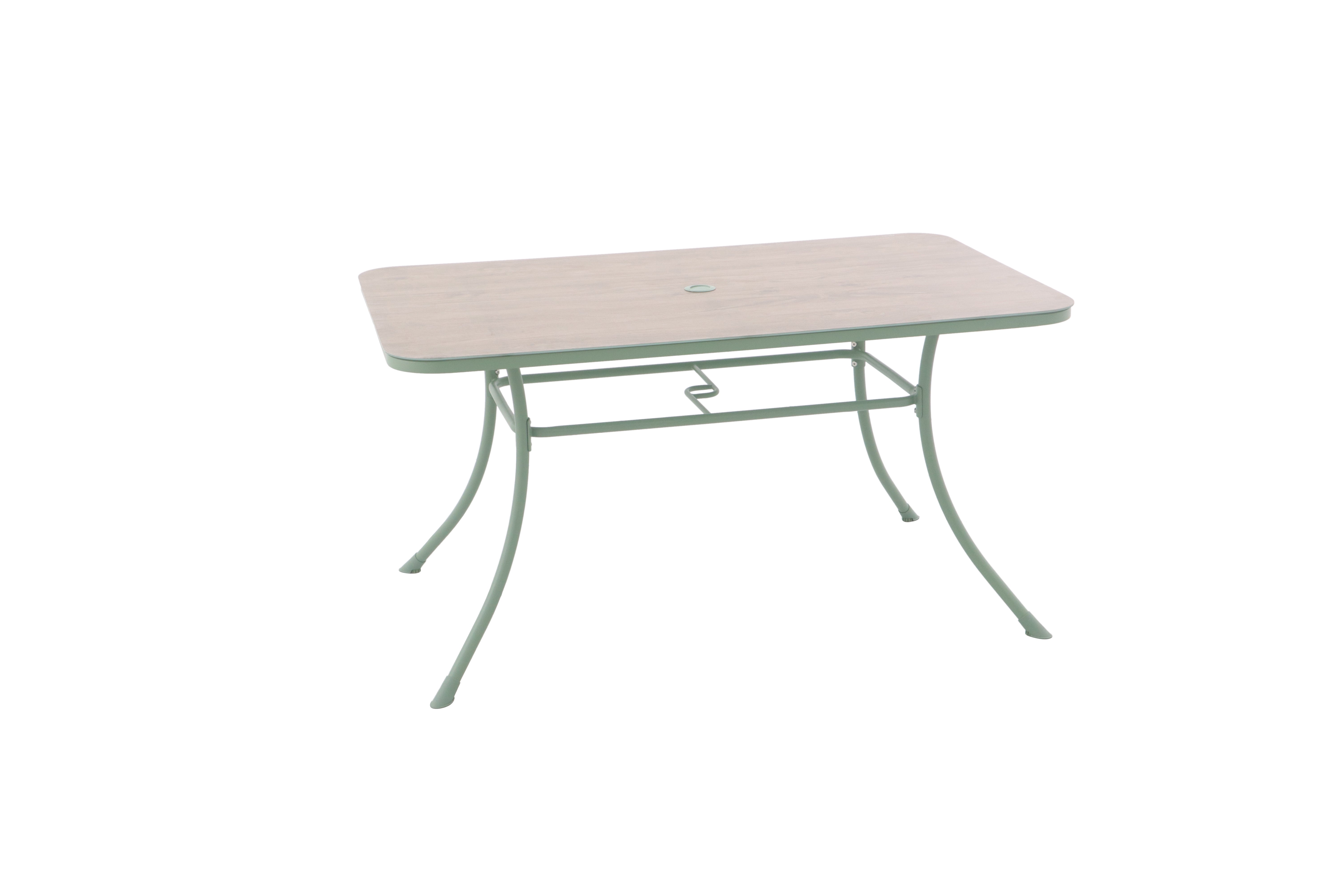 Rectangular table with a beige top and metal legs on a white background