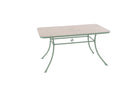 Rectangular table with a beige top and metal legs on a white background