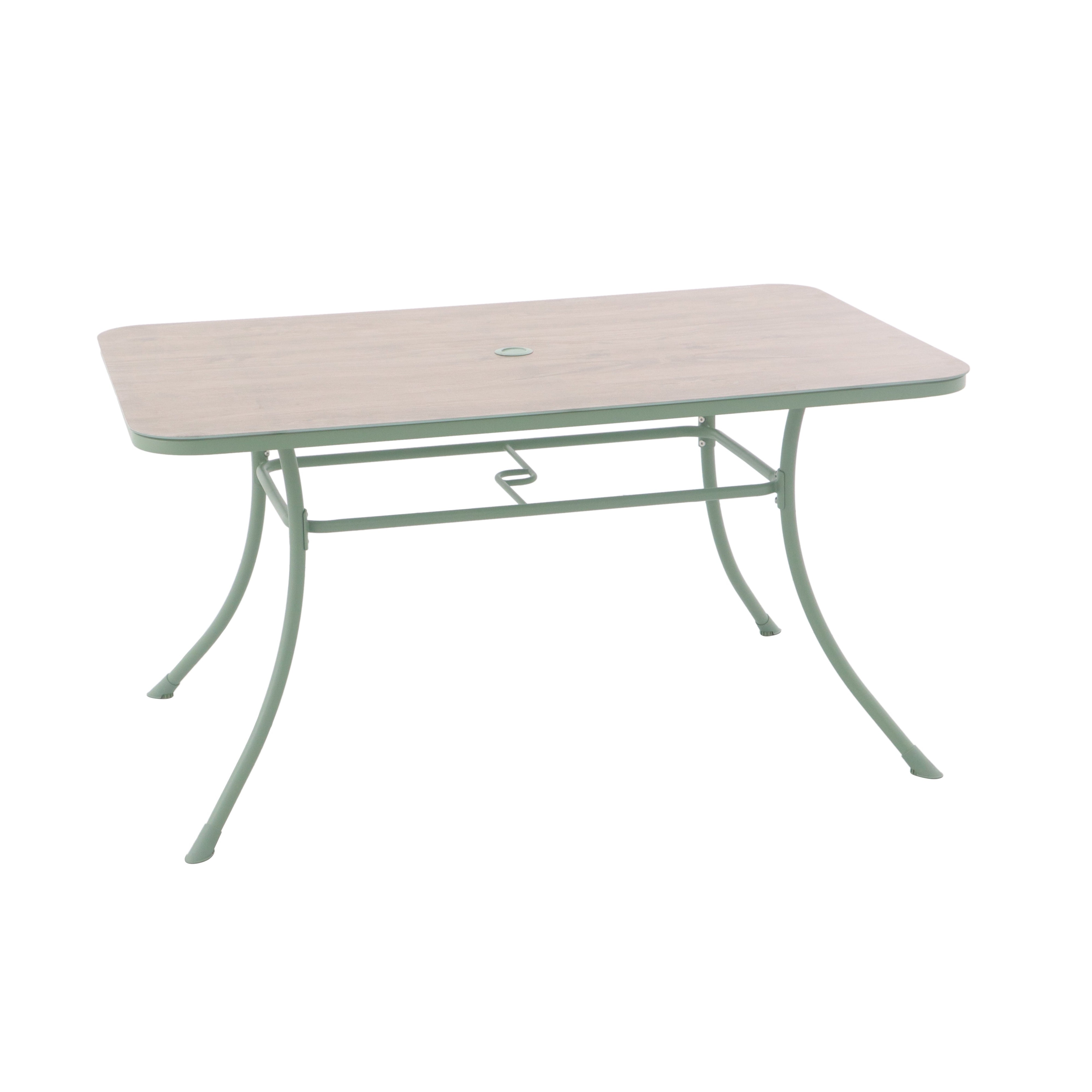Rectangular table with a beige top and metal legs on a white background